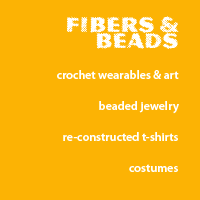 fiber art, beads, crochet wearables, beaded jewelry, t-shirt, costume